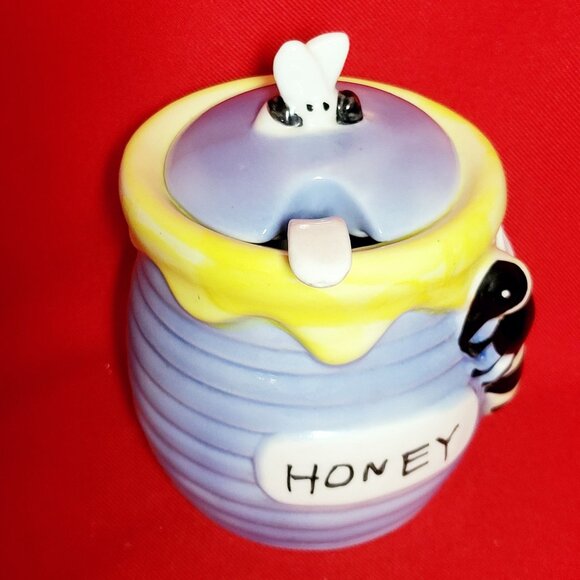 Honey Bee Honey Jar Porcelain Serving Spoon Blue Yellow Painted Ceramic - Picture 12 of 13